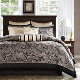 Fast Furnishings Queen 12-Pc Black Gold Paisley Comforter